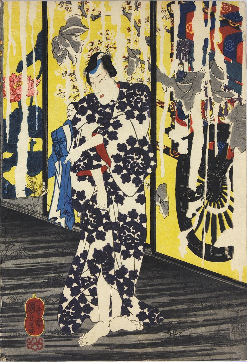Ark fra et treblokk-triptyktrykk med tittelen Imayo Teru-uji furudera no kozu (Oppdatert Teruuji i et gammelt bilde ved et gammelt tempel), som viser en scene i et ødelagt tempel ved måneskinn med revet og avskallet fusuma, med Teru- uji tilbyr et håndkle  av Utagawa Kuniyoshi