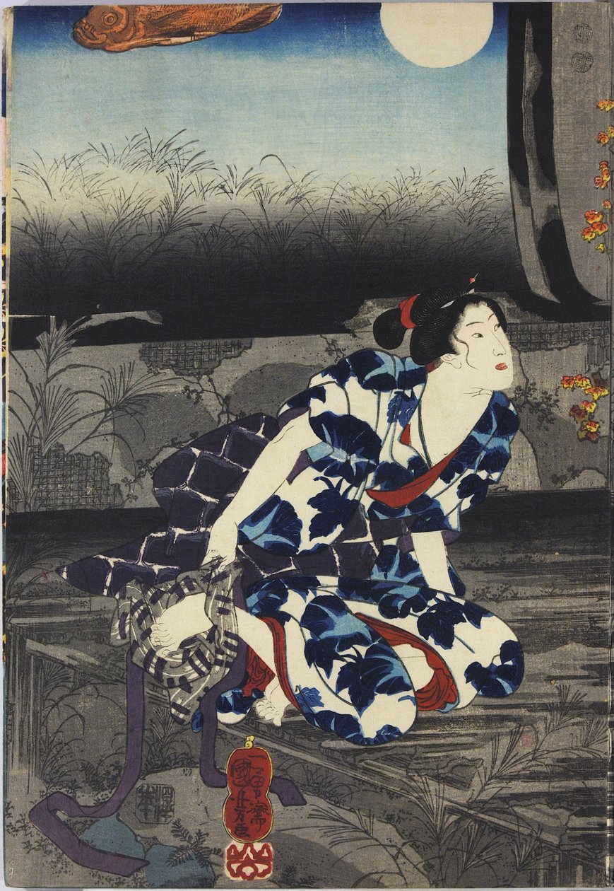 Ark fra et treblokk-triptyktrykk med tittelen Imayo Teru-uji furudera no kozu (Oppdatert Teruuji i et gammelt bilde ved et gammelt tempel), som viser en scene i et ødelagt tempel ved måneskinn med revet og avskallet fusuma, med Teru- uji tilbyr et håndkle  av Utagawa Kuniyoshi