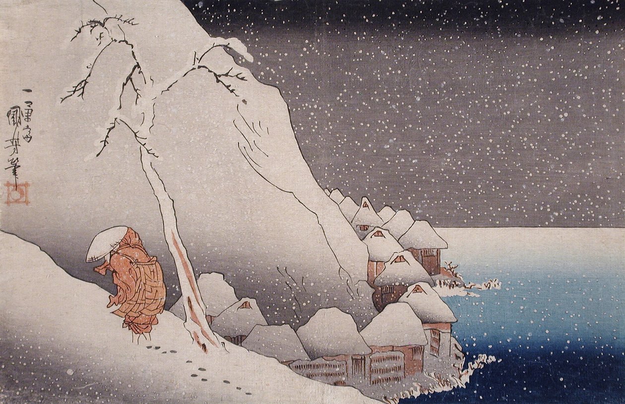 Snø ved Tsukahara på Sado-øya, 1271 av Utagawa Kuniyoshi