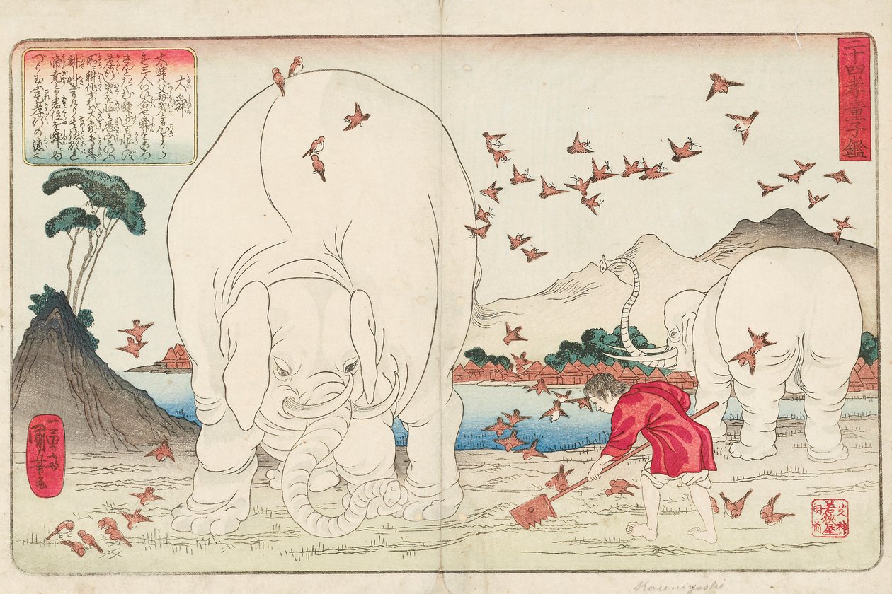 Taishun som hakker en åker ved hjelp av elefanter og en flokk spurver, signert Ichiyusai Kuniyoshi ga, ca. 1843 (farget treblokktrykk) av Utagawa Kuniyoshi