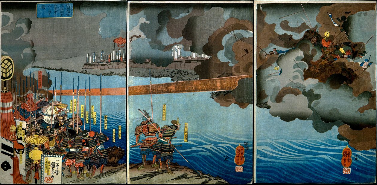 Takeda Shingen knuser kreftene til Suwa Yorishige (Takeda Shingen Suwa Yorishige no jinchū o uchi-kuzusu zu), ca. 1850-51 av Utagawa Kuniyoshi