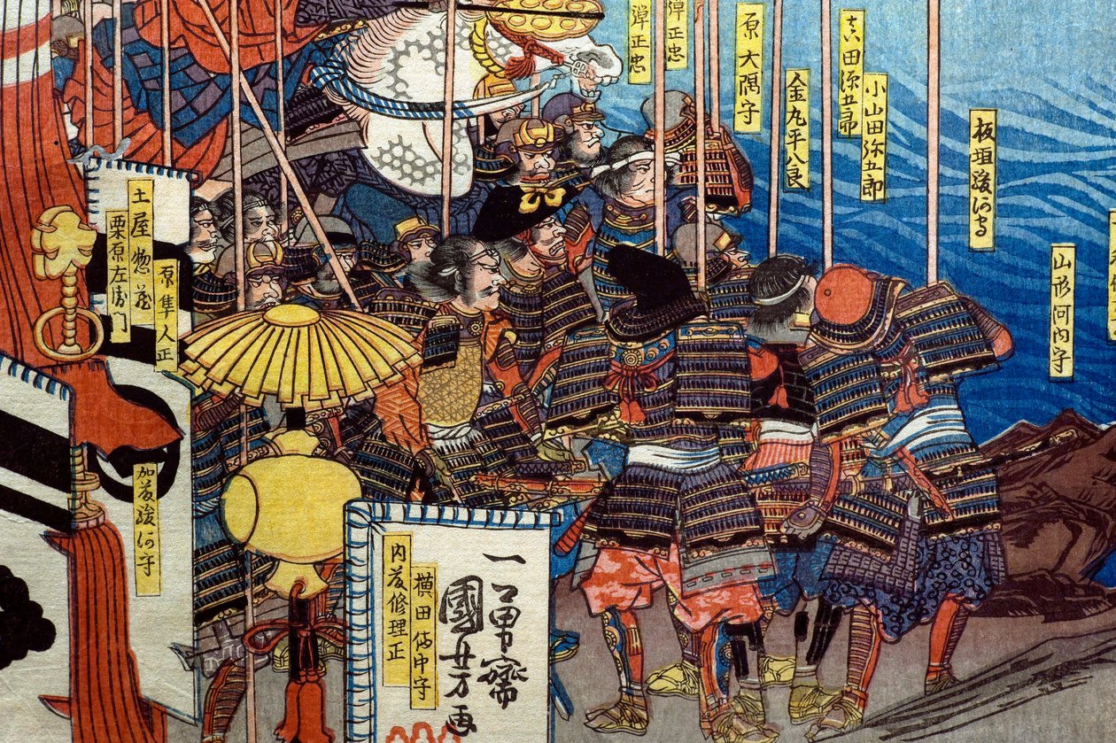 Takeda Shingen knuser kreftene til Suwa Yorishige (Takeda Shingen Suwa Yorishige no jinchū o uchi-kuzusu zu), ca. 1850-51 av Utagawa Kuniyoshi