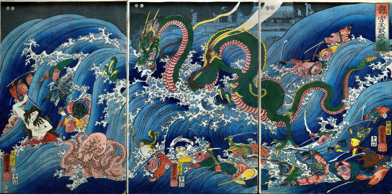 Tamatori-hime stjeler den hellige juvelen fra dragepalasset (Ryūgū Tamatori-hime no zu) av Utagawa Kuniyoshi