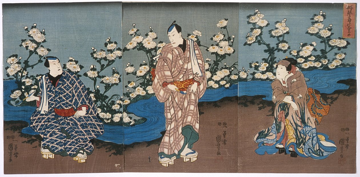 Skuespilleren Onoe Kikugorō III betrakter krysantemum og en bekk av Utagawa Kuniyoshi