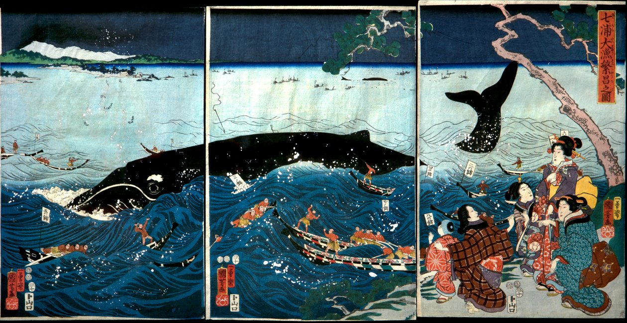 The Flourishing of Seven Coasts with Big Fish (Nana ura tairyō hanjō no zu) av Utagawa Kuniyoshi
