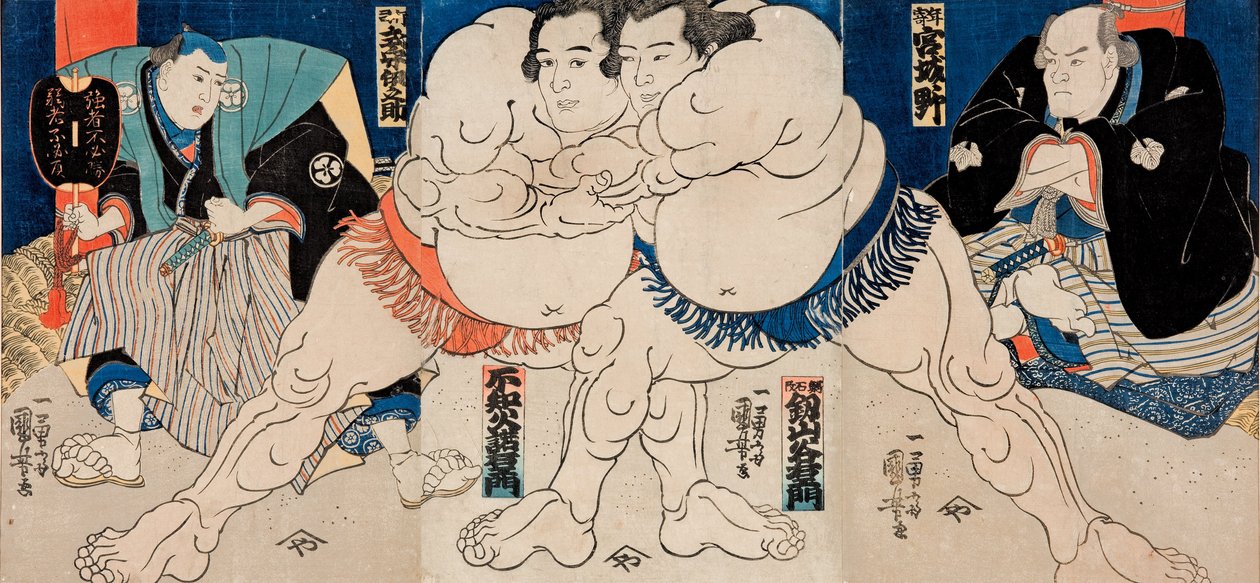 Sumo-bryterne Shiranui Dakuemon (i midten til venstre), Tsurugizan Taniemon (i midten til høyre) sammen med dommeren Shikimori Inosuke og den sittende dommeren (til venstre), samt den eldre (pensjonerte) bryteren Miyagino (til høyre) av Utagawa Kuniyoshi