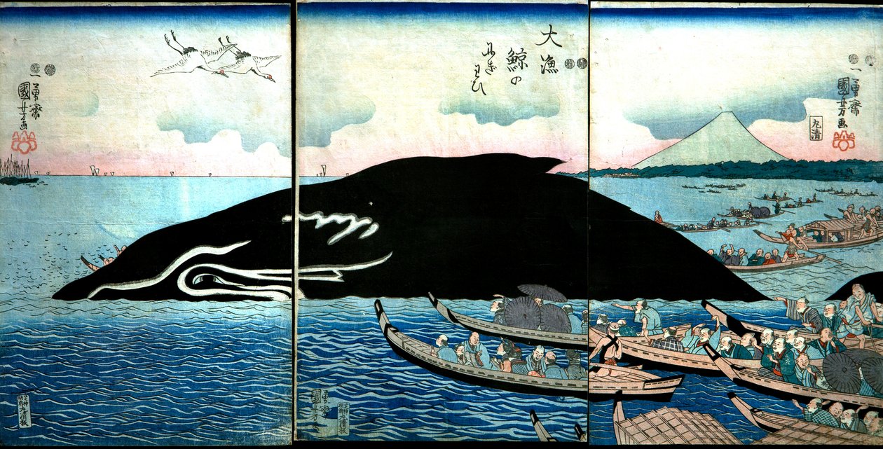 Mylder av mennesker rundt en fanget hval av Utagawa Kuniyoshi