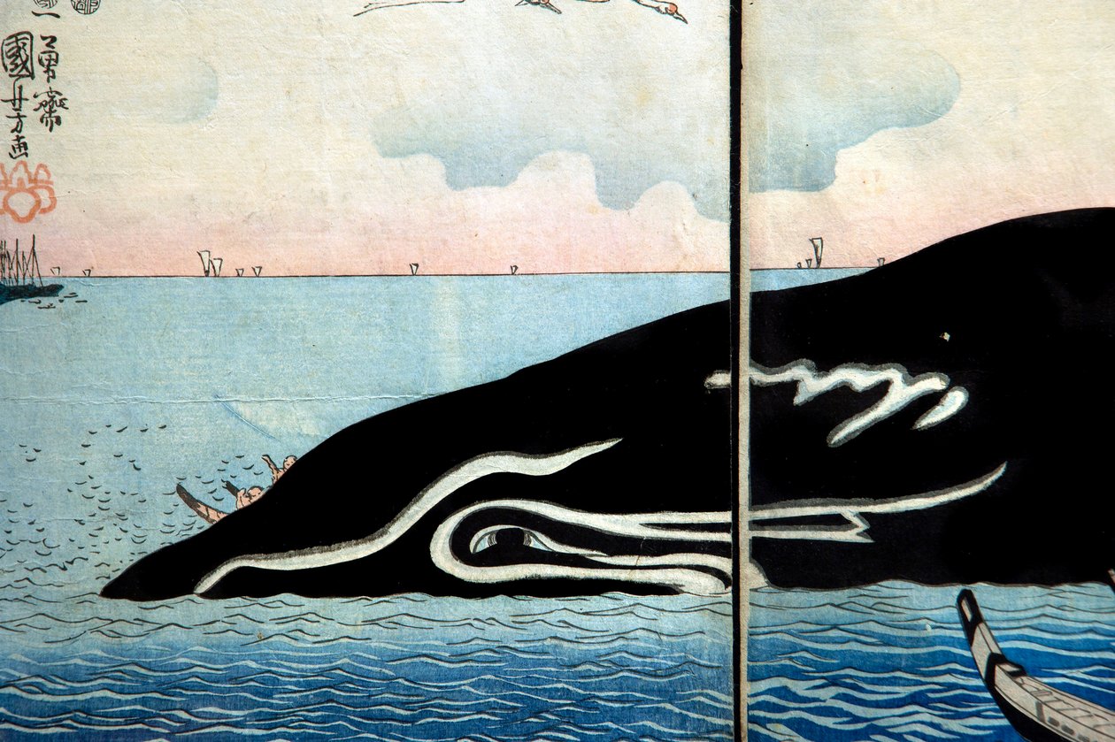 Mylder av mennesker rundt en fanget hval av Utagawa Kuniyoshi