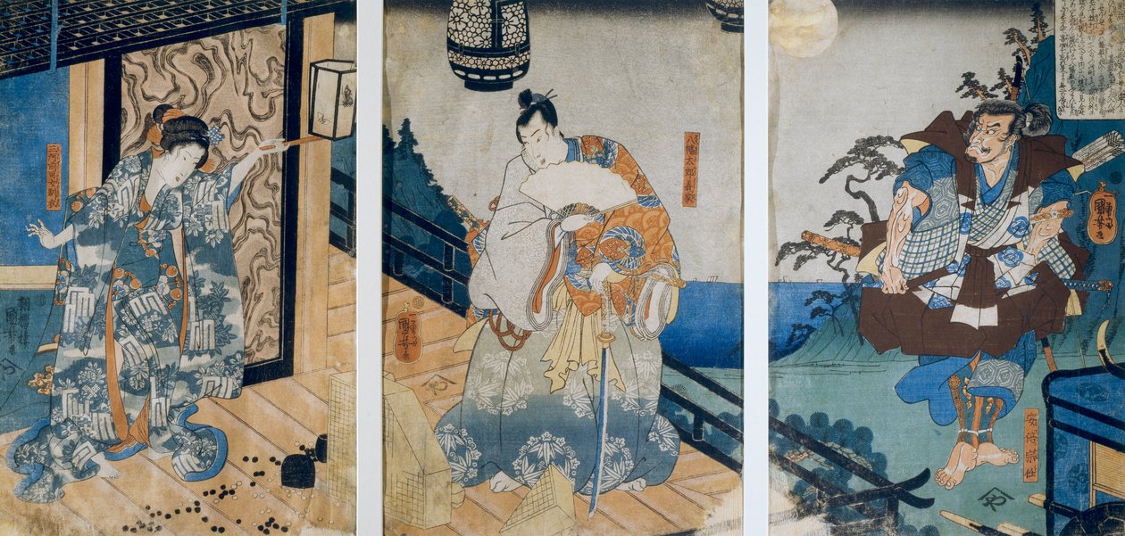 Triptych with the Adventures of Coxinga/ Watonai av Hachiman Taro Yoshiie, av Utagawa Kuniyoshi av Utagawa Kuniyoshi