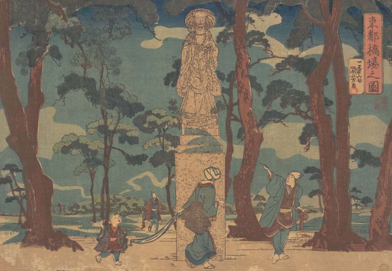 Wayfarers ser på statuen av Jizo Bosatsu i en furulund ved Hashiba, ca. 1840., av Utagawa Kuniyoshi