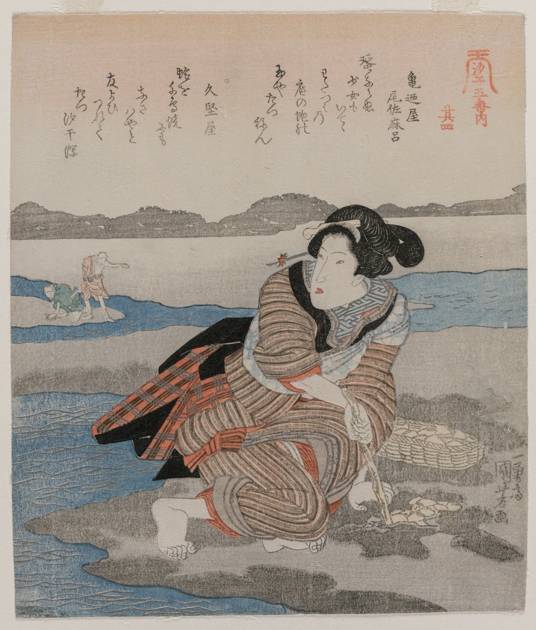Kvinne graver muslinger; fra serien Five Pictures of Low Tide av Utagawa Kuniyoshi