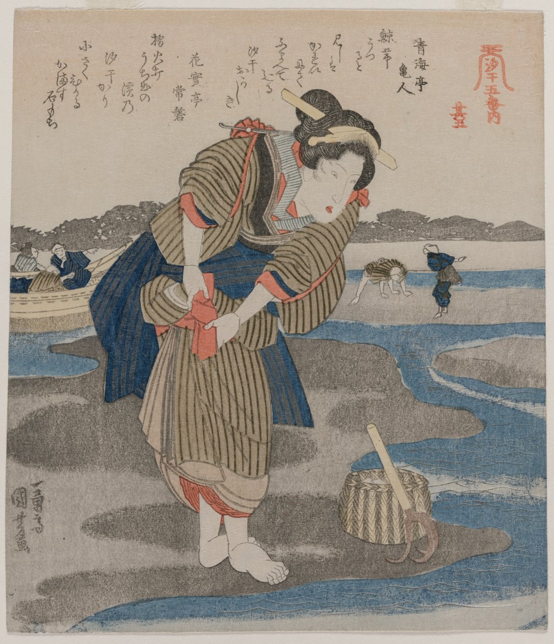 Woman Fastening her Skirts, fra serien Five Pictures of Low Tide, sent på 1820-tallet. av Utagawa Kuniyoshi