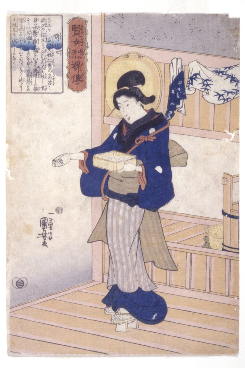 Kvinne med frøboks (farget treblokktrykk) av Utagawa Kuniyoshi