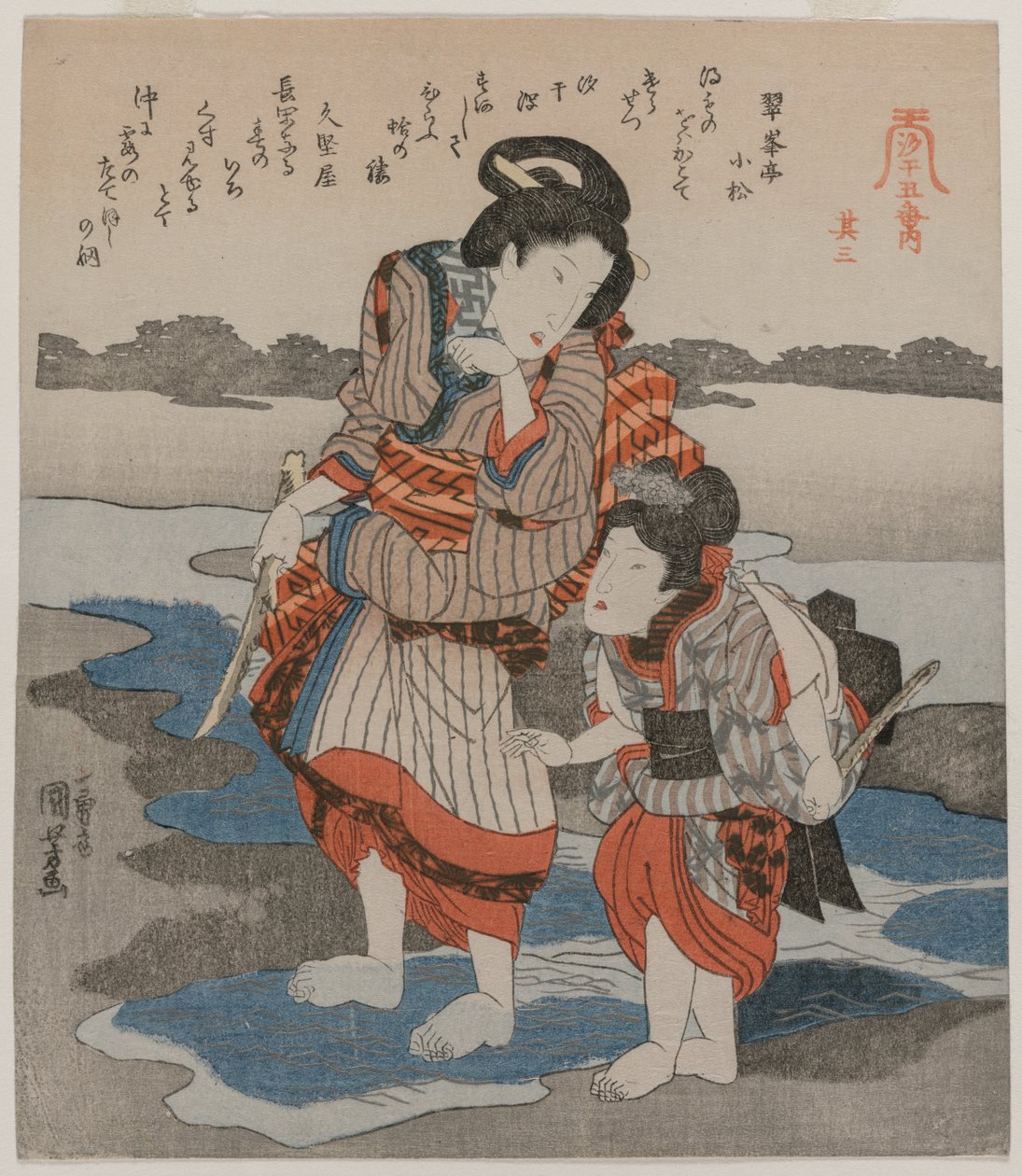 Kvinne og barn; fra serien Five Pictures of Low Tide av Utagawa Kuniyoshi