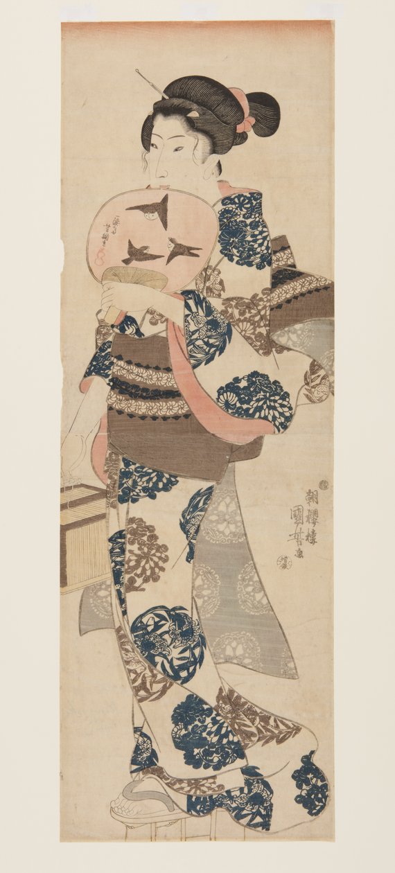 Kvinne med vifte og insektbur (farget treblokktrykk) av Utagawa Kuniyoshi