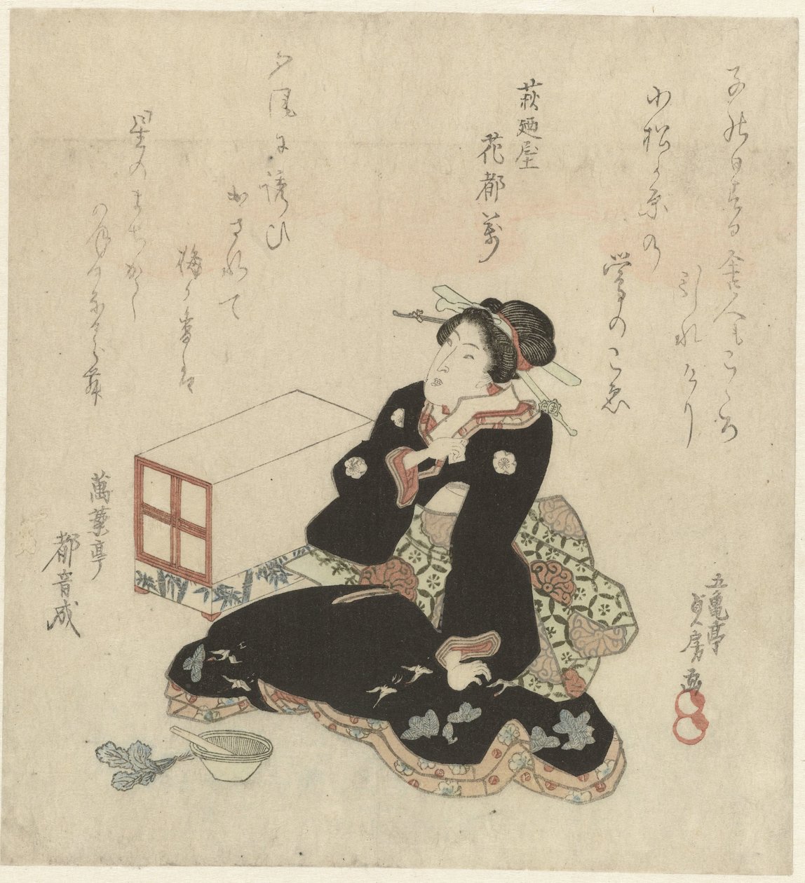 Kvinne forbereder greener i en morter av Utagawa Sadafusa