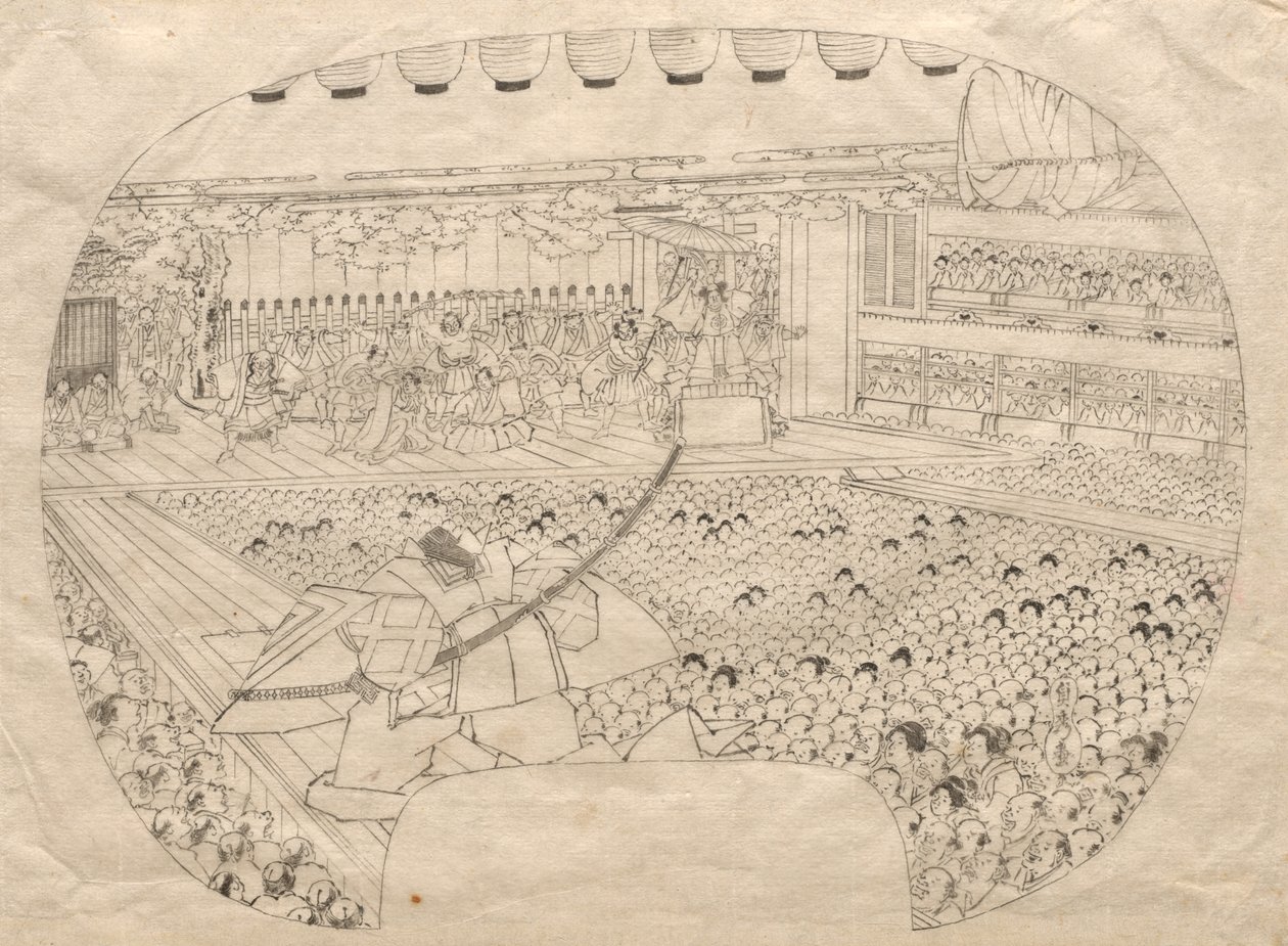 Design for vifteformet trykk av Kabuki Theatre av Utagawa Sadahide