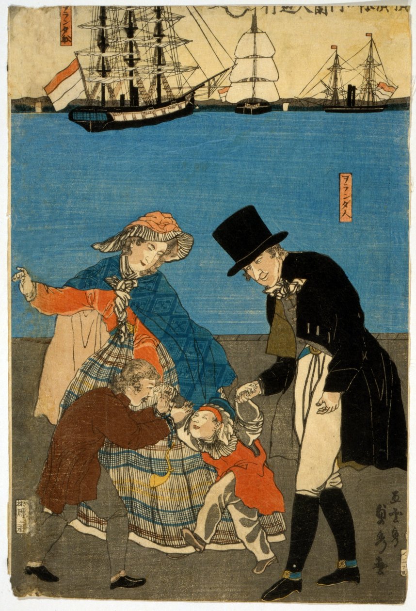 Europeere tar en tur i Yokohama, pub. 1871 (håndfarget treblokk) av Utagawa Sadahide