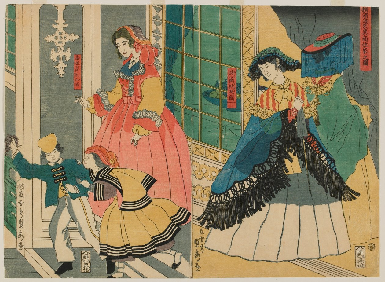 Bilde av boligen til en utenlandsk kjøpmann fra utlandet: Portugal og Sør-Amerika, Edo-perioden, 1861 (farget treblokktrykk) av Utagawa Sadahide