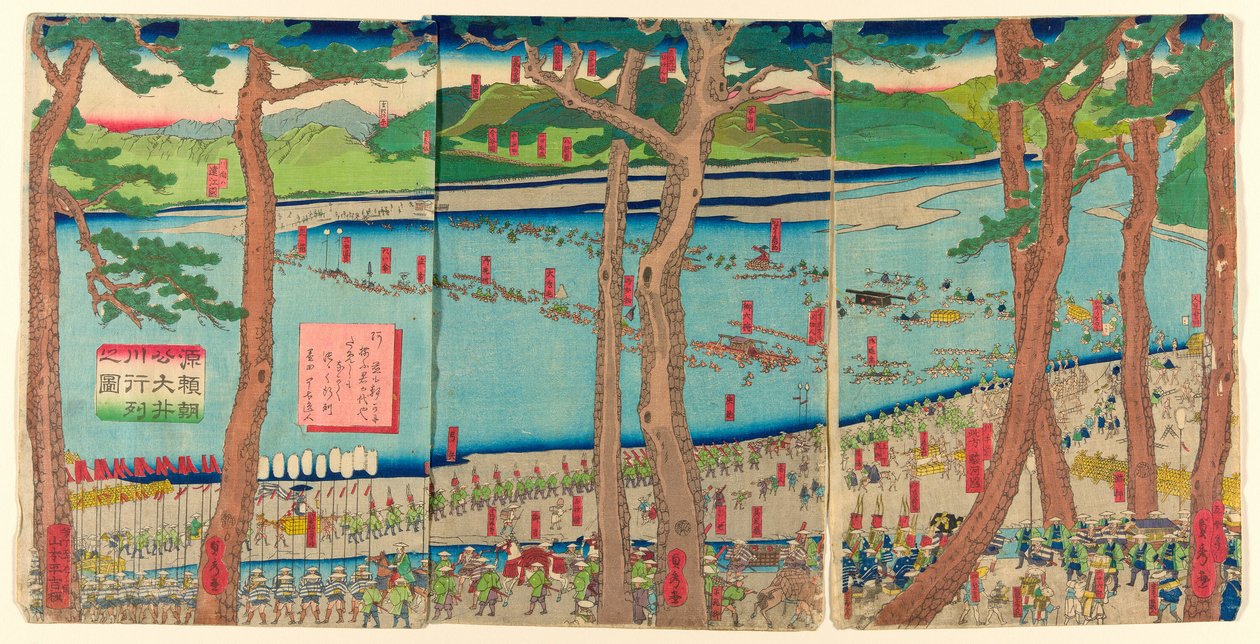 P Roterende lyd av Minamoto no Yoritomo a c Ross tee Rive r av Utagawa Sadahide