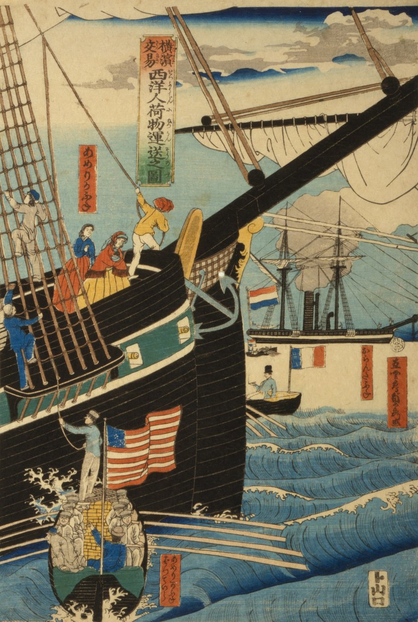 Vestlige handelsmenn i Yokohama som transporterer last og passasjerer, 1861 av Utagawa Sadahide