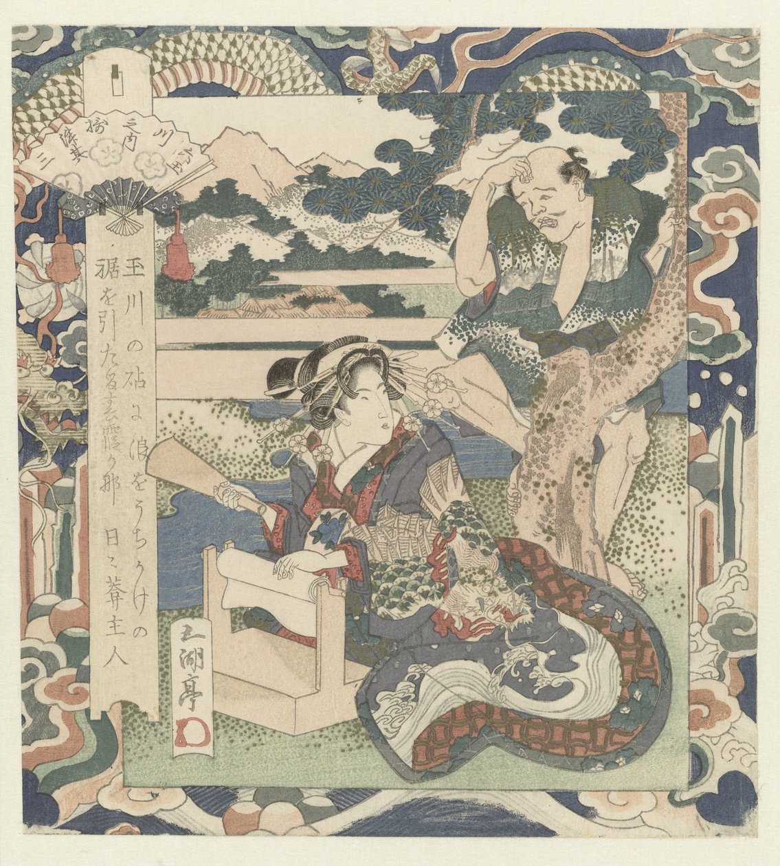 Kvinne opptatt med å tove stoff Tôi-elven i Settsu, nummer tre Tôi - sono san (tittel på objekt) The Six Jewel Rivers (serietittel) Mutamagawa no uchi (serietittel på objekt) av Utagawa Sadakage