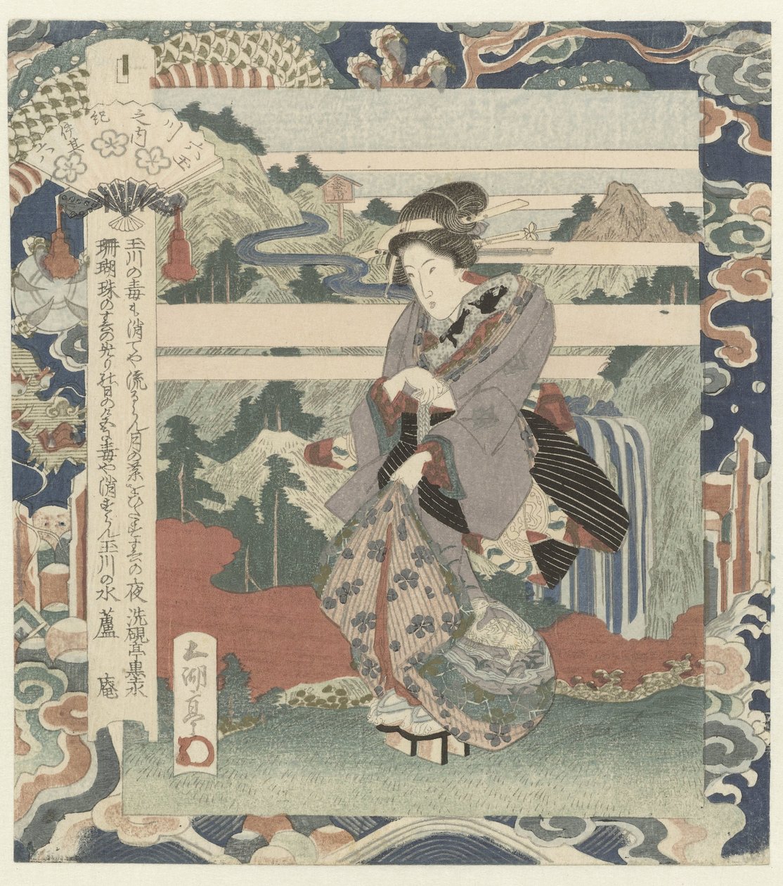 Kvinne på klippen Kôya-elven i Kii, nummer seks Kii - sono roku (tittel på objekt) The Six Jewel Rivers (serietittel) Mutamagawa no uchi (serietittel på objekt) av Utagawa Sadakage