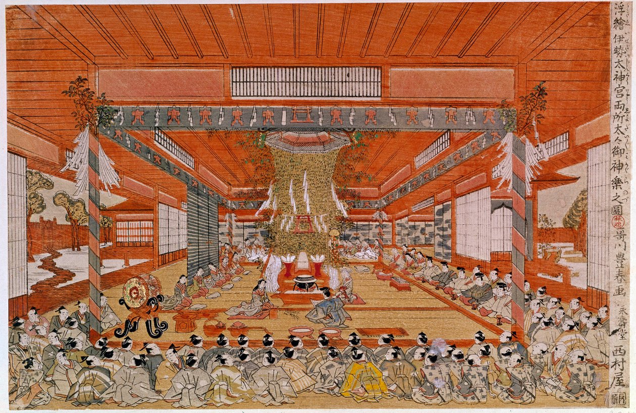 En Shinto-seremoni som viser en seremoni med Shinto-tilbedelse, den eldste religionen i Japan. Japansk trykk av Utagawa Toyoharu (1735-1814). Paris, Guimet Museum, Asian Arts Museum. av Utagawa Toyoharu