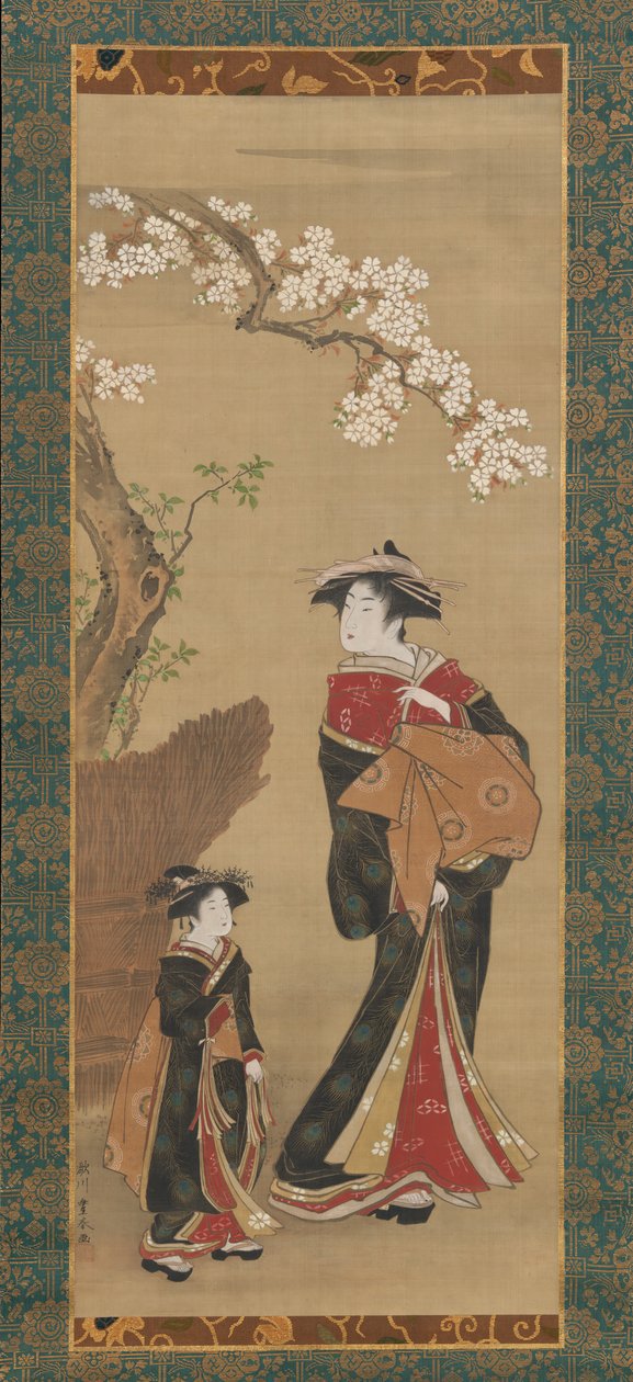 Courtesan og hennes ledsager under et kirsebærtre, tidlig på 1800-tallet. av Utagawa Toyoharu