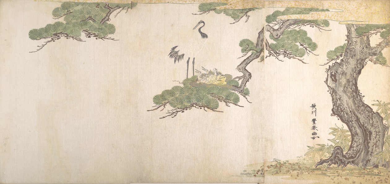 Trane og ungene deres i reiret i grenene til et furutre, ca. 1790. av Utagawa Toyoharu