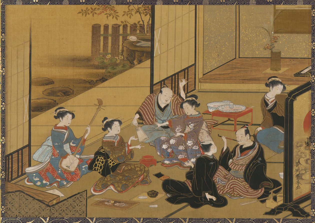 Interiørscene av en fest med <em>geisha</em> og kunder av Utagawa Toyoharu