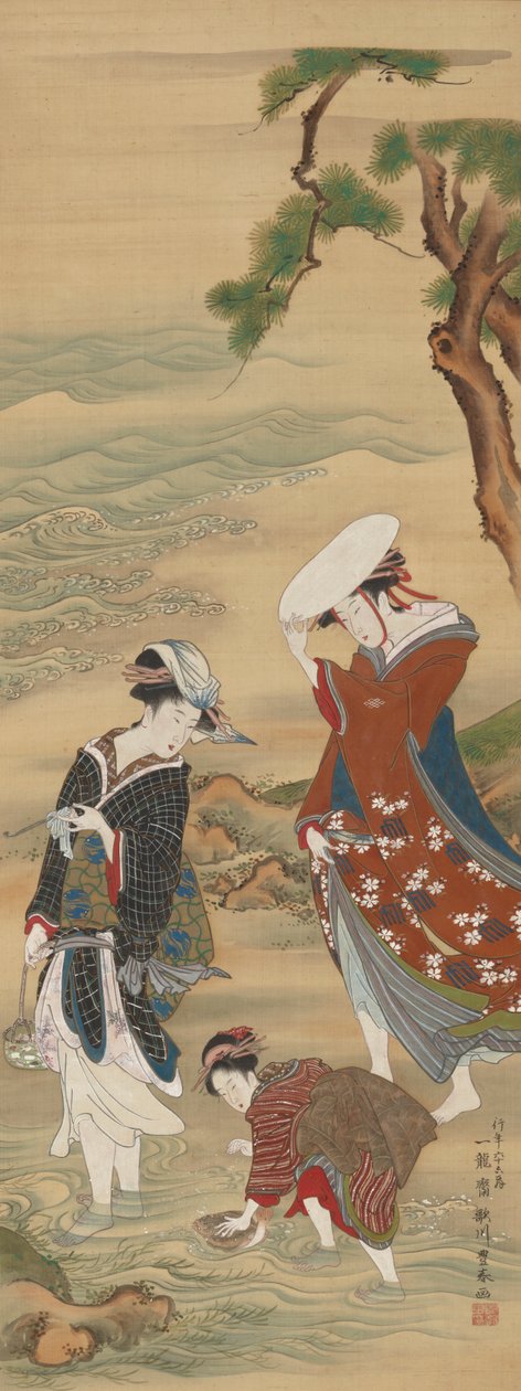 To kvinner og en pike ved strandkanten, 1735-1814. av Utagawa Toyoharu