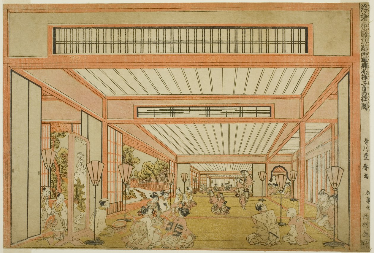 Utsikt over mottaksrommene i Japan - Underholdning på rottens dag i moderne stil (Uki-e wakoku keiseki ozashiki imayo ne no hi no asobi no zu) av Utagawa Toyoharu