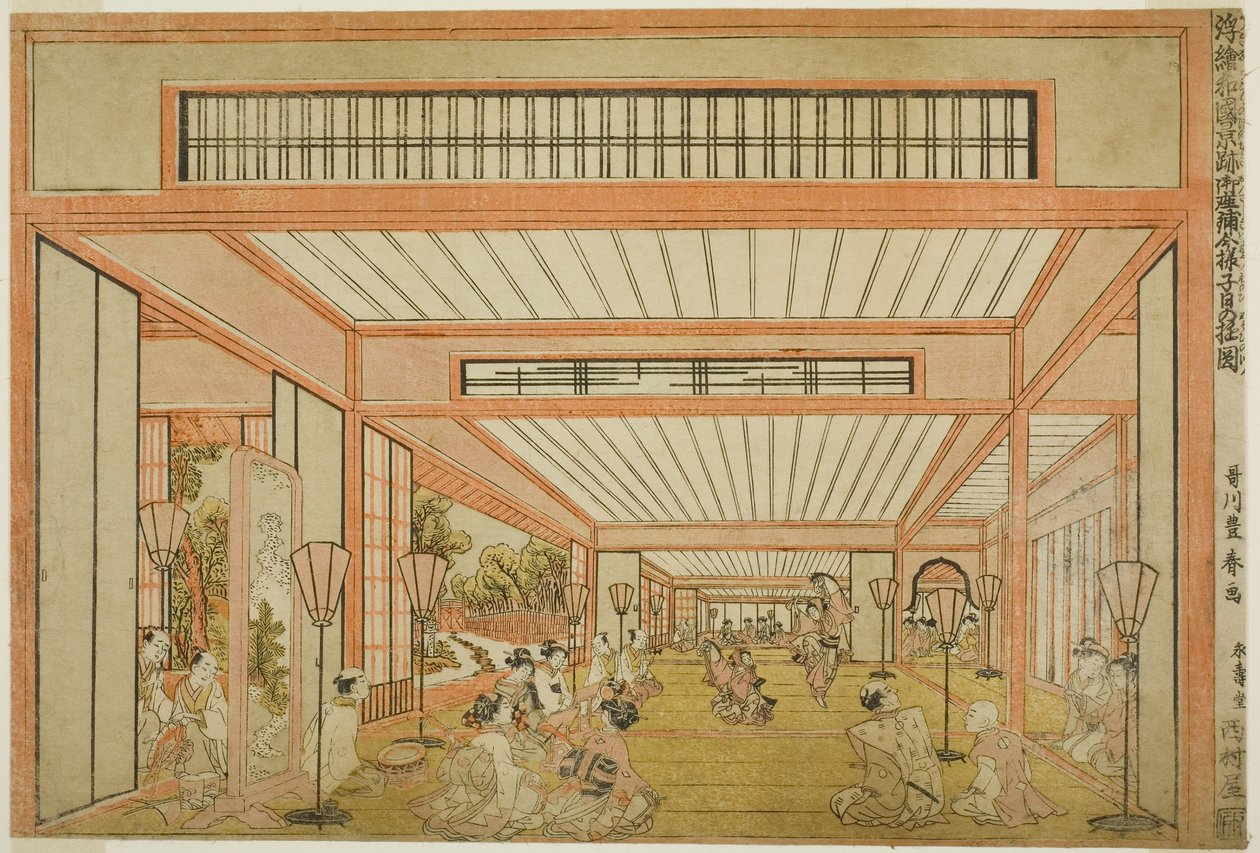 Utsikt over mottaksrommene i Japan - Underholdning på rottens dag i moderne stil, ca. 1771-76 av Utagawa Toyoharu