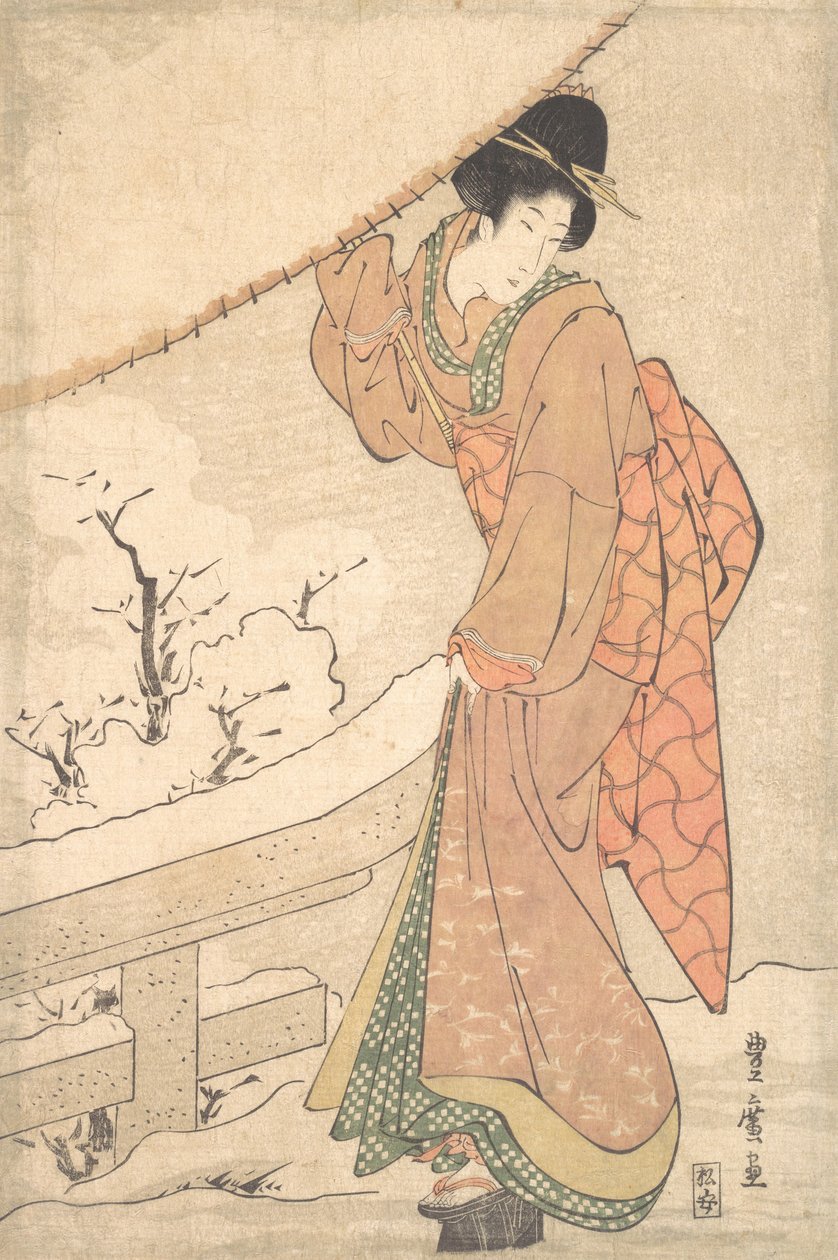 En ung kvinne i en snøstorm som bærer en tungt snølastet paraply, ca. 1802.. av Utagawa Toyohiro