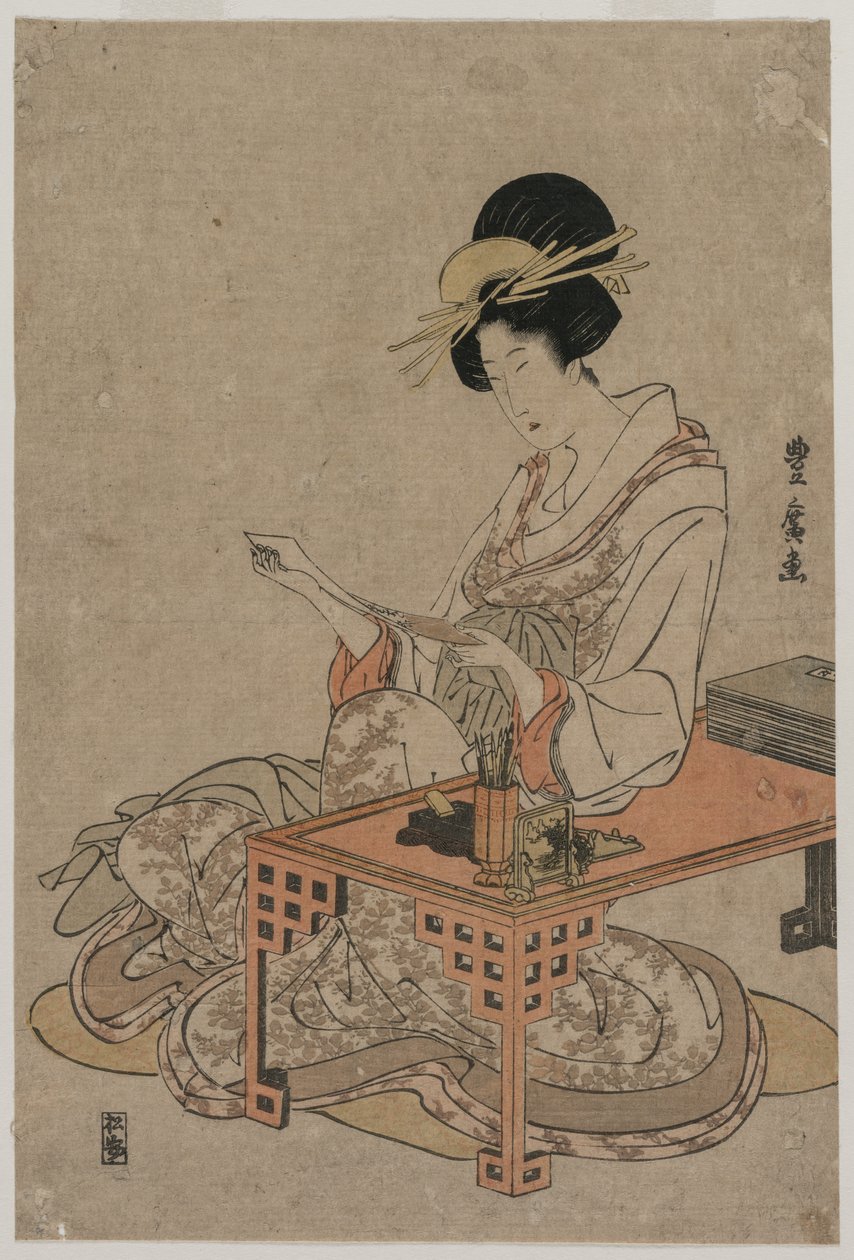 Courtesane som sitter ved et skrivebord, ca. sent på 1790-tallet. av Utagawa Toyohiro