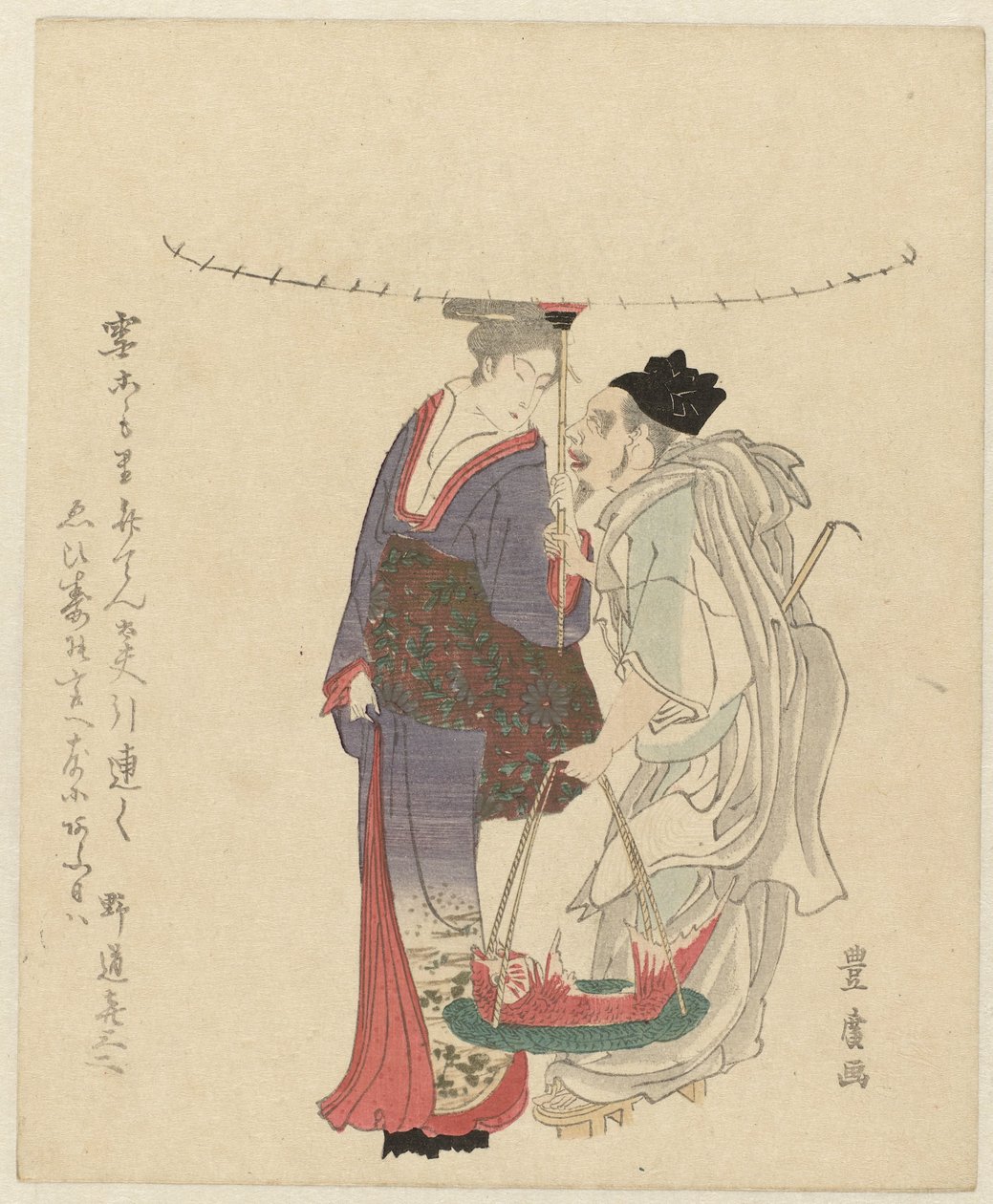 Lykkeguden Ebisu med en kvinne av Utagawa Toyohiro