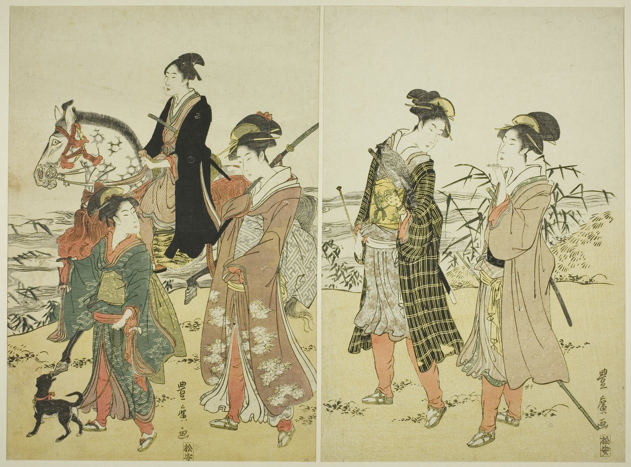 En gruppe falkonerere nær elven av Utagawa Toyohiro
