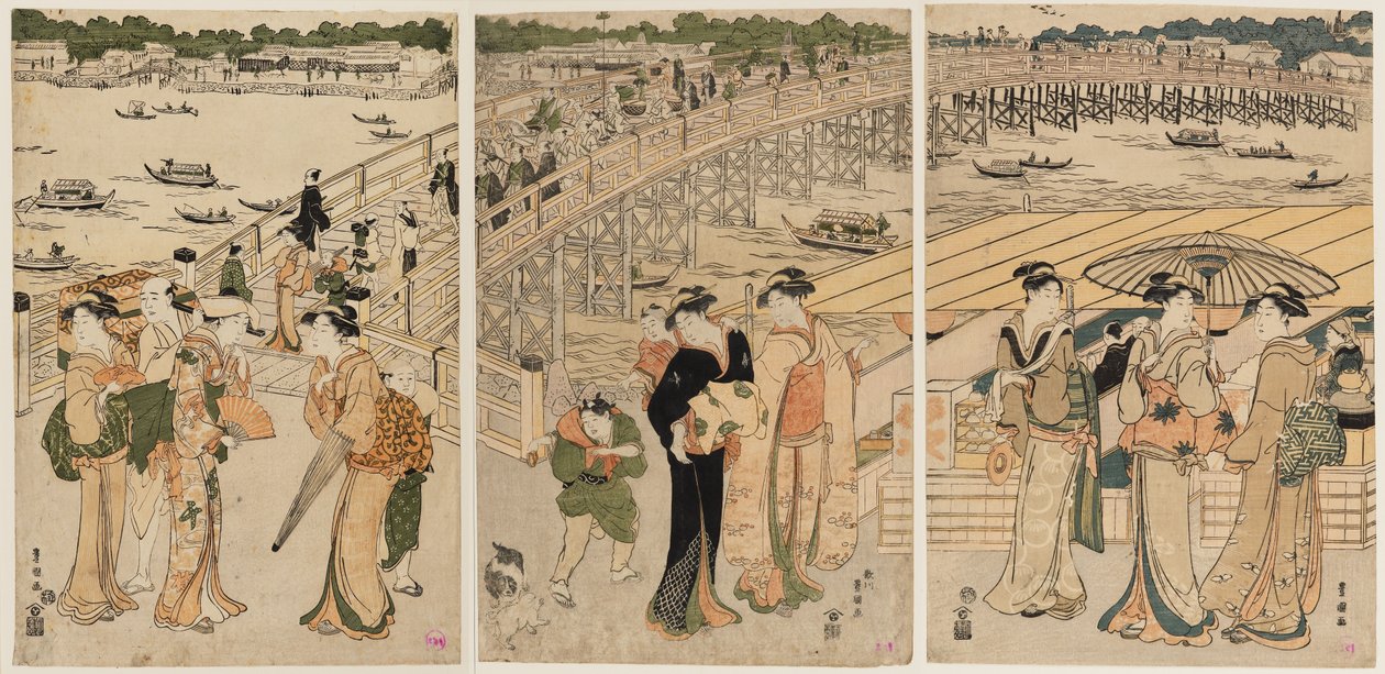 Ryōgoku-bro med figurer i forgrunnen av Utagawa Toyohiro