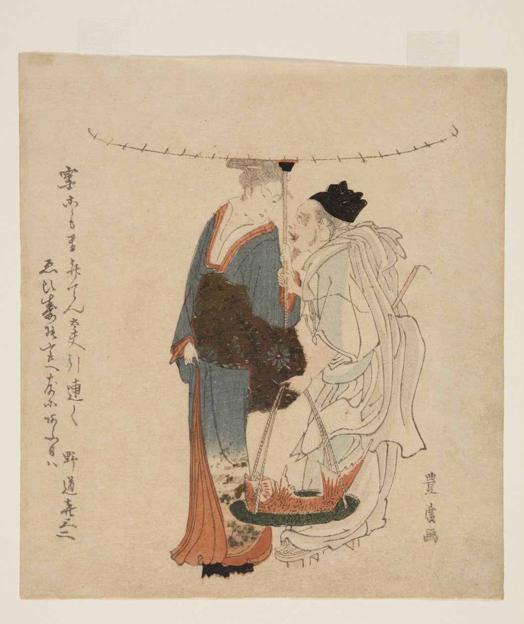 The God Ebisu Walking with a Young Woman in the Snow (farget treblokktrykk) av Utagawa Toyohiro