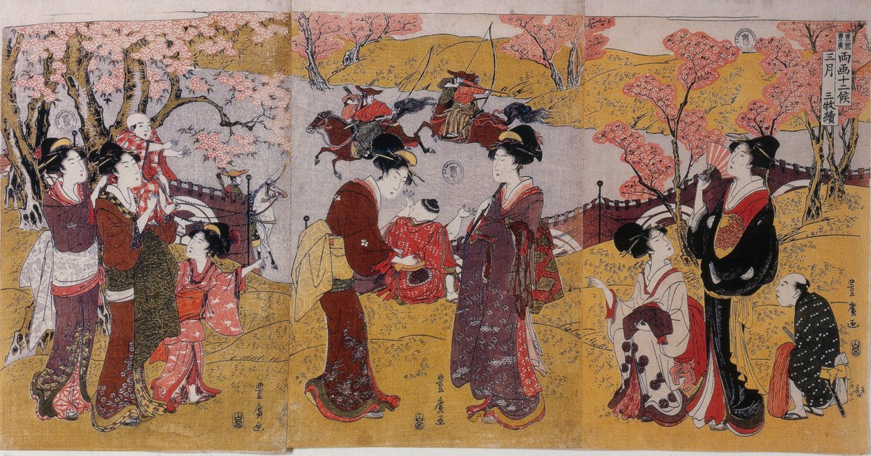 Den tredje måneden, Triptych fra serien Twelve Months av Two Artists, 1801 av Utagawa Toyohiro