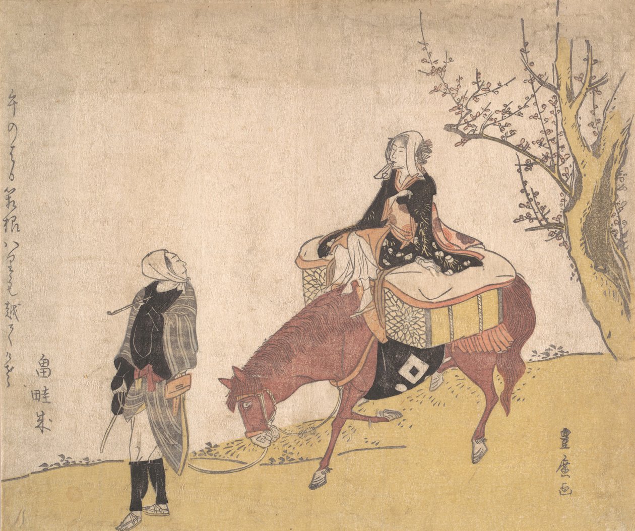 Versjon av Legend of Michizane: kvinne på hest som en mann leder. av Utagawa Toyohiro