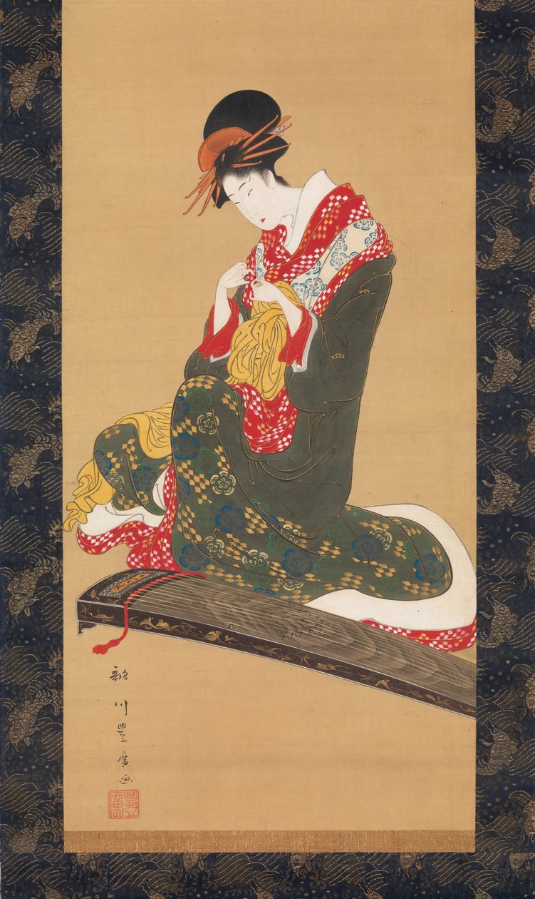 Kvinne som setter på fingerplekter for å spille Koto, tidlig på 1800-tallet. av Utagawa Toyohiro