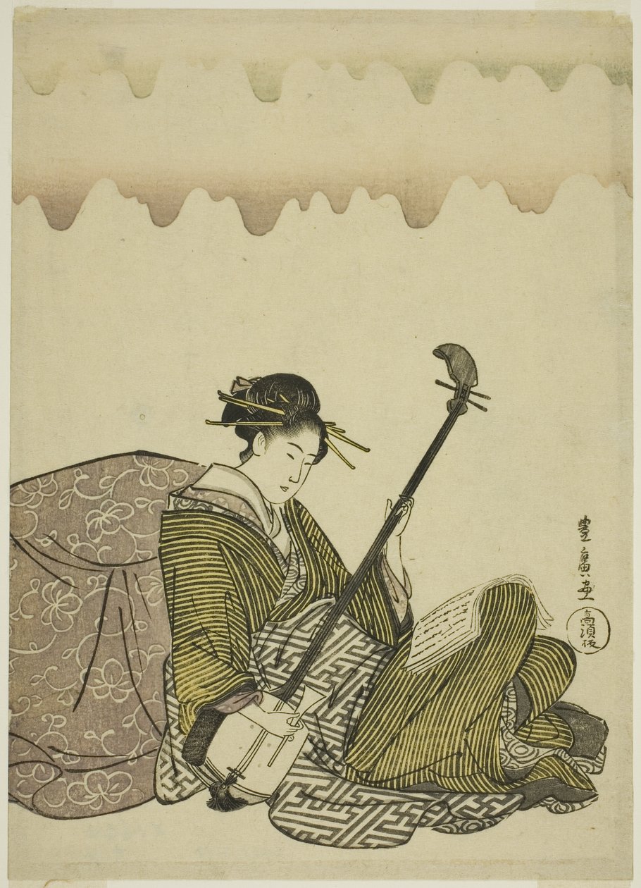 Kvinne som spiller shamisen, fra en serie uten navn med kvinner på fritiden av Utagawa Toyohiro