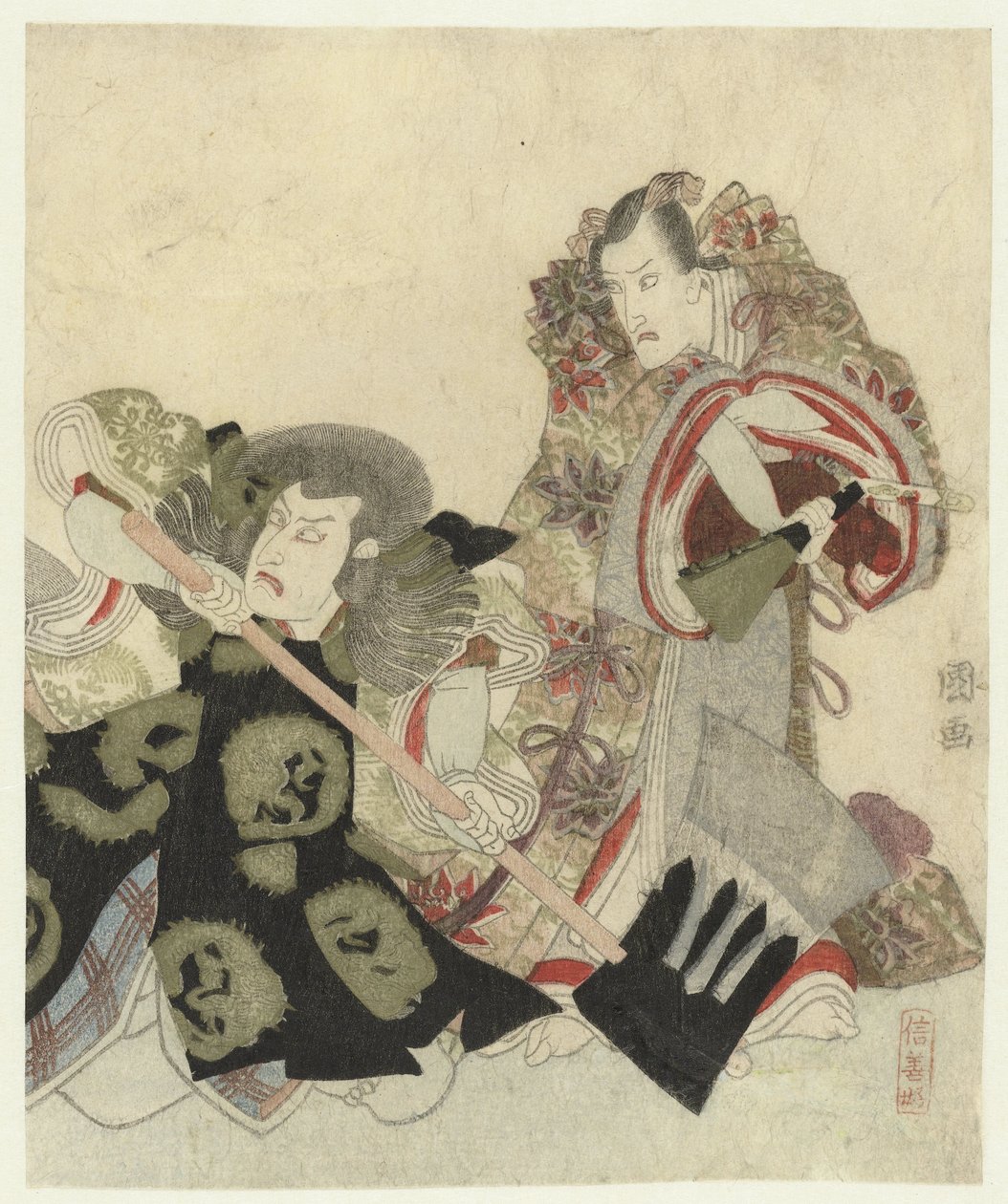 Ichikawa Danjûrô VII som Yoshimune no Munesada med vifte og Ichikawa Omezô som Sekibei med øks av Utagawa Toyokuni (I)