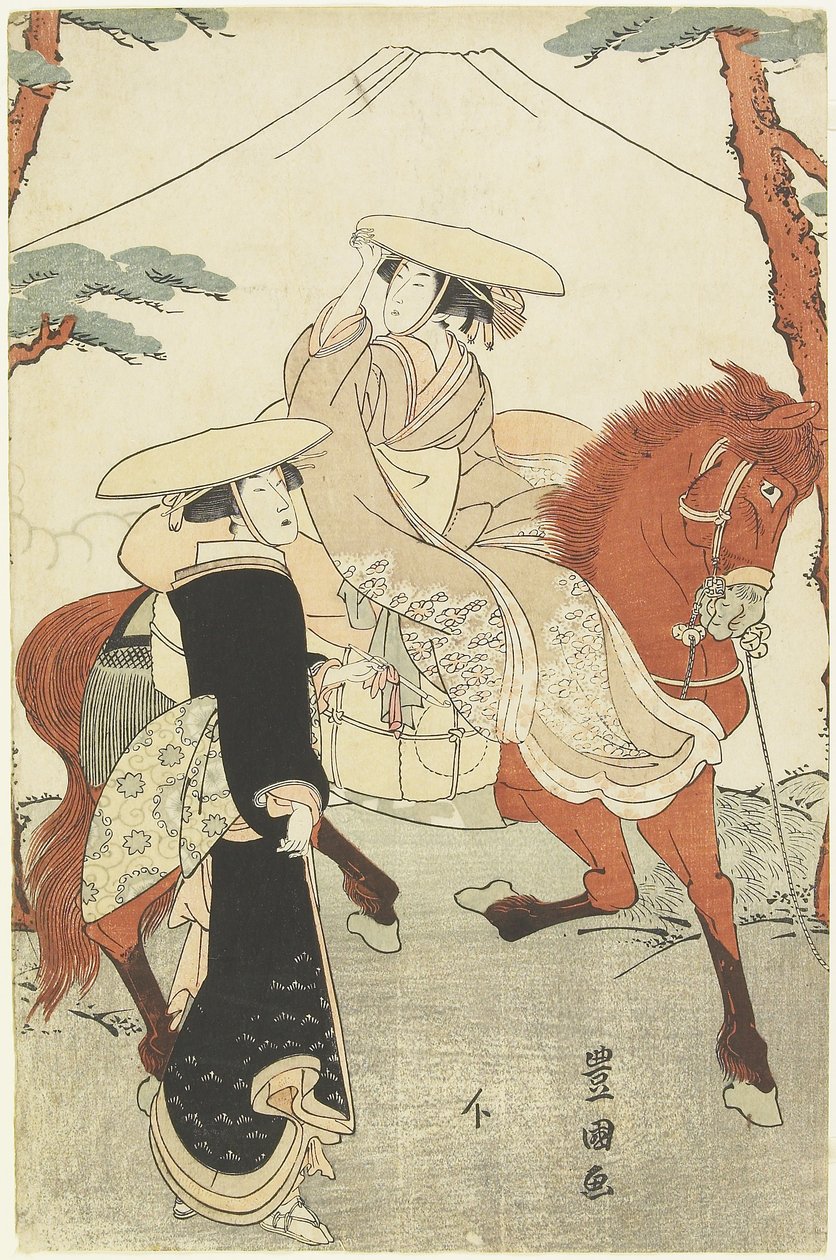 (To kvinner, en gående, en på hesteryggen), sent på 1700- og begynnelsen av 1800-tallet av Utagawa Toyokuni