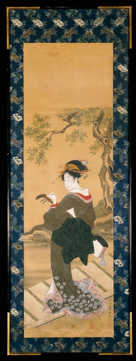 Et portrett i full lengde av en kvinne som stiller shamisen på en veranda (sumi, gofun og farge på silke); av Utagawa Toyokuni