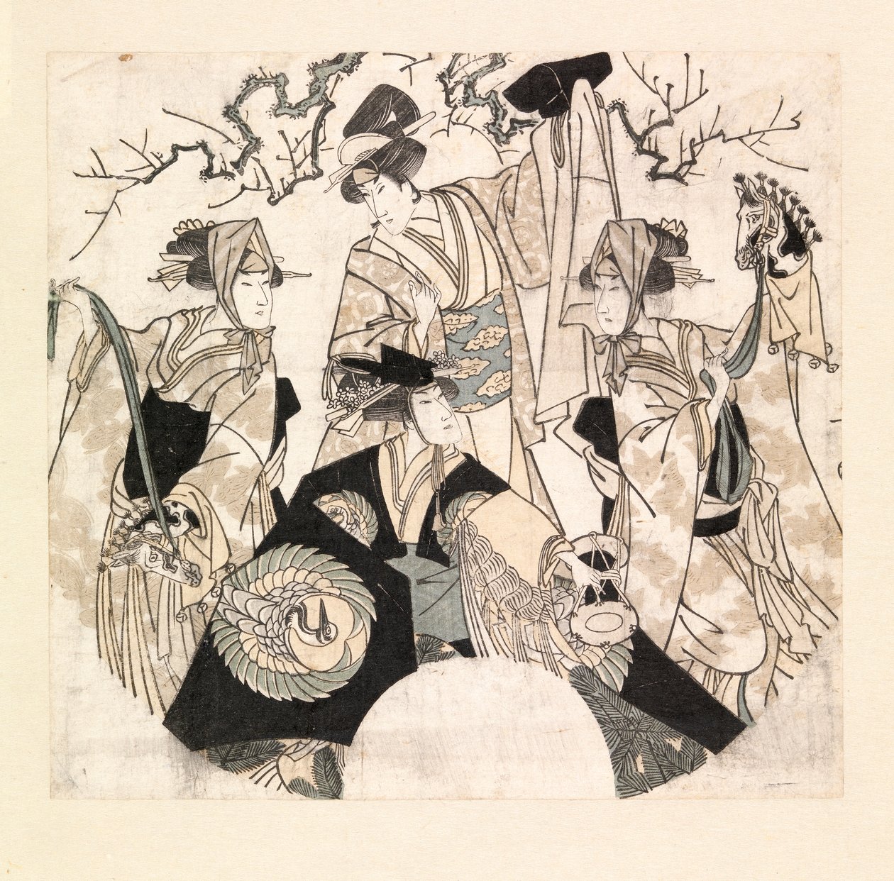 Skuespillere som fremfører scenedans av de fire Onnagataene, ca. 1800-05 (fargetresnitt) av Utagawa Toyokuni