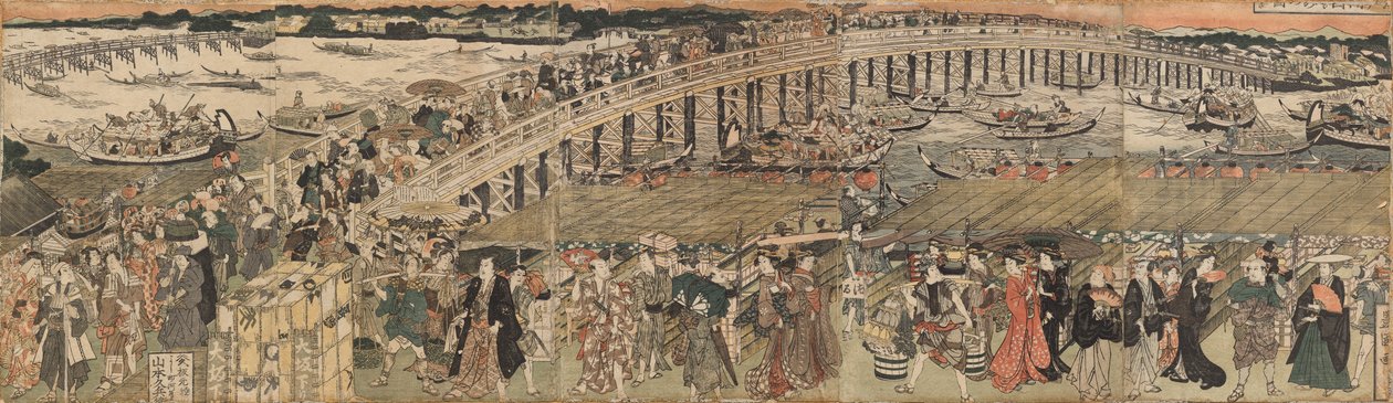 Avkjøling ved Ryōgoku Bridge i Edo, en Pentaptyk av Utagawa Toyokuni