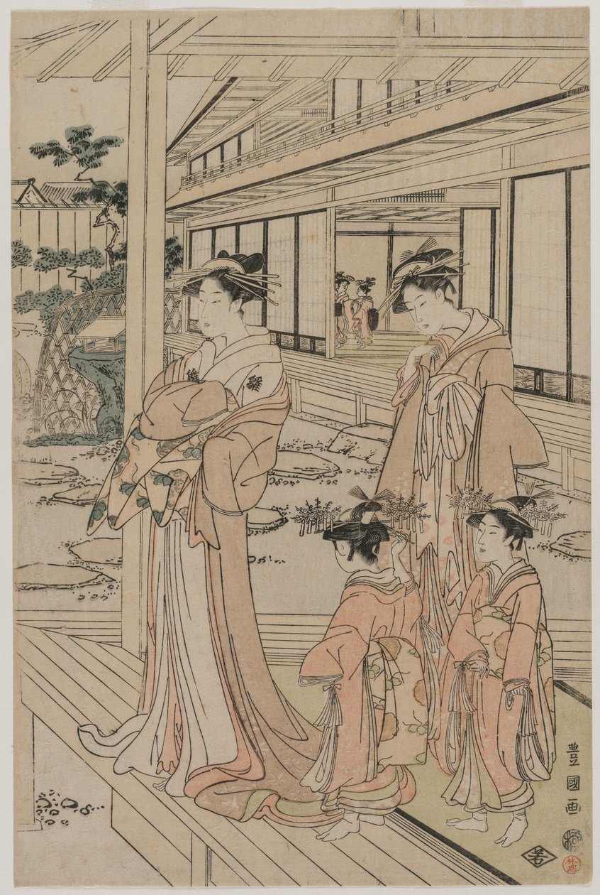 Courtesane stående på en veranda av Utagawa Toyokuni